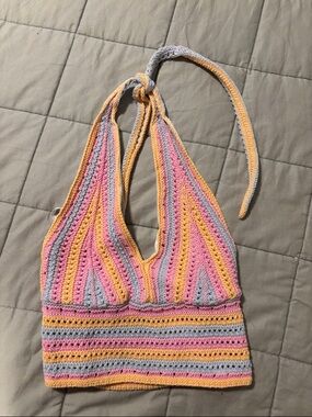 American Eagle Outfitters Crocheted Halter Tank Top in Pink, Yellow, Gray